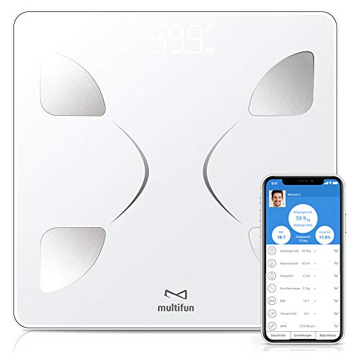Multifun - Bilancia pesapersone Bluetooth con app, digitale e 8 dati fitness, con grasso corporeo, per iOS e Android, max 180 kg
