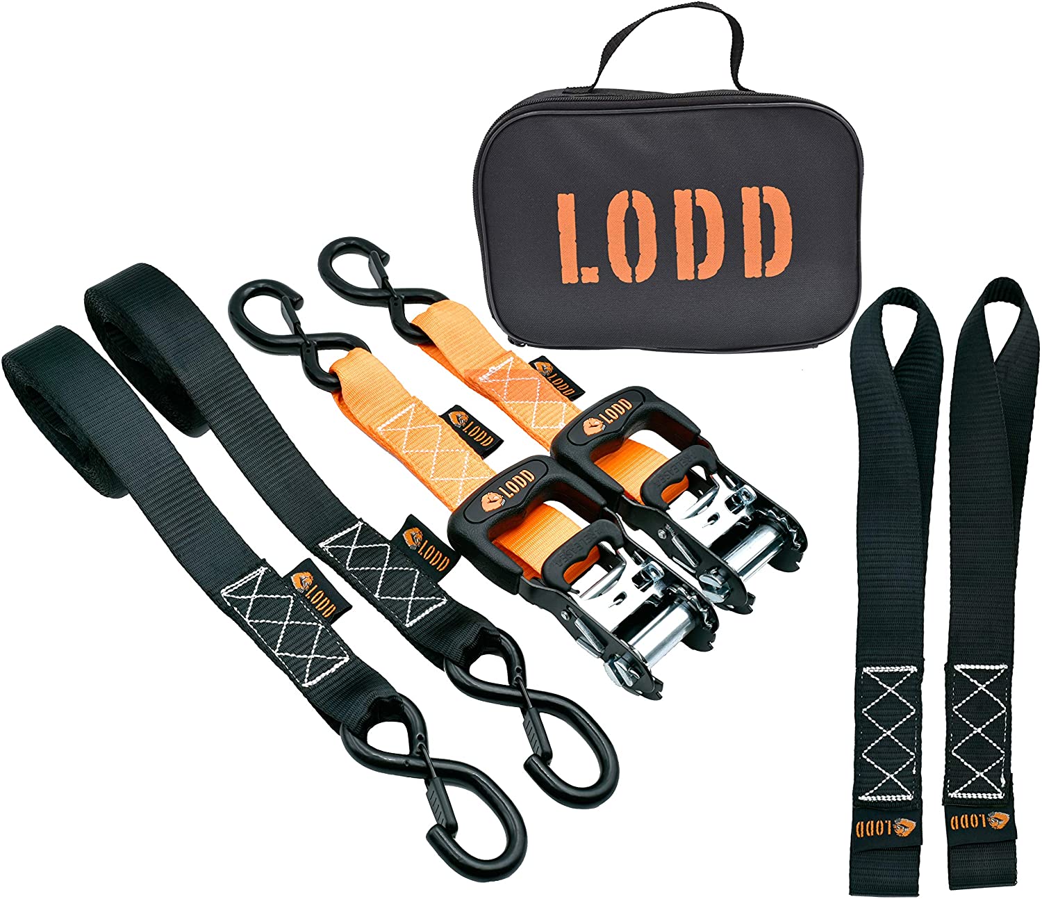 LODD - Cinturino a cricchetto di alta qualità - Coppia di cinghie di fissaggio 1,5T, 38mm x 3,4m, ganci di fissaggio plastificati + 2 anelli morbidi + borsa da trasporto (rimorchio, moto, quad...)