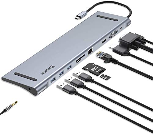 Baseus Hub USB C Adattatore 10 in 1 Tipo C, con porta Ethernet RJ45 1000M,Alimentazione USB C,3* USB 3.0,4K HDMI, VGA,3.5mm audio,SD/TF per MacBook PRO/Air/Surface Go/Laptop Windows Type C
