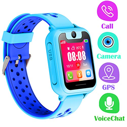 Orologio Telefono GPS Bambini - Smartwatch con GPS LBS Tracker Posiziona Fotocamera Gioco di Matematica Torcia Elettrica Pedometro per Regalo Cresima Ragazzo Ragazza (GPS, Blu)