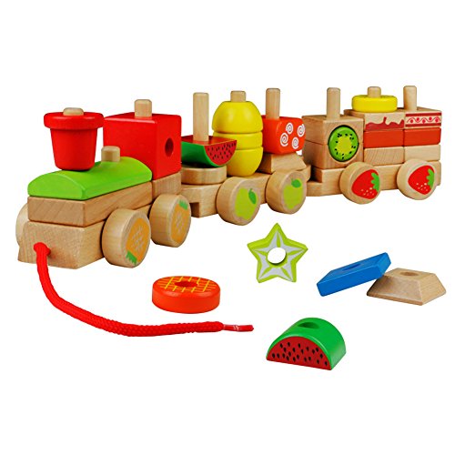 yoptote Legno Geometriche Blocchi dei Treni Costruzione Stacking Kit di Montaggio Giocattolo Tirare Lungo Puzzle per Bambini (Regalo)