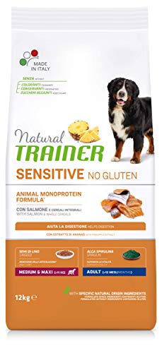Natural Trainer Sensitive No Gluten - Cibo per Cani Medium&MaxiAdult con Salmone e Cereali Integrali 12kg