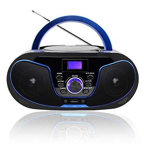 Radio portatili Boombox, LONPOO Lettore CD Bambini Stereo Audio con Bluetooth,USB, AUX-IN, Uscita cuffie (Nero 02)