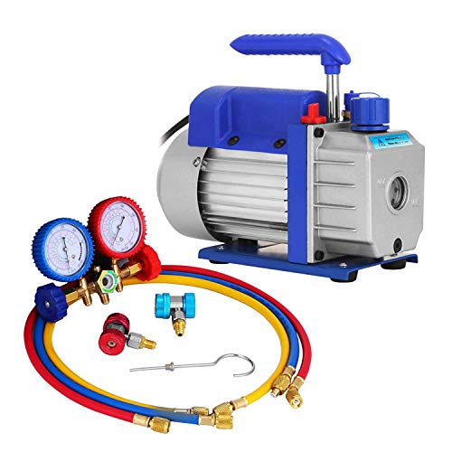 HODOY 1.8CFM 1 / 4HP Kit pompa per vuoto refrigerante HVAC Pompa per vuoto monostadio con manifold Manometri Aria condizionata 50 l/min 1440 RPM per tutti i refrigeranti (1.8 CFM 1/4HP)