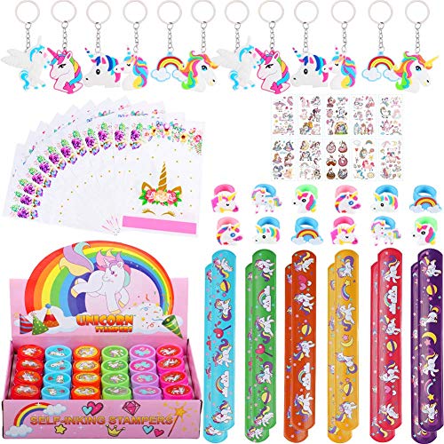 82 Pezzi Gadget Unicorno Compleanno Bambini, Portachiavi Unicorno Braccialetti Slap Sacchetti Unicorno Timbri Bambini Tatuaggi Temporanei Bambini Unicorno Anelli, Unicorno Festa Regalo