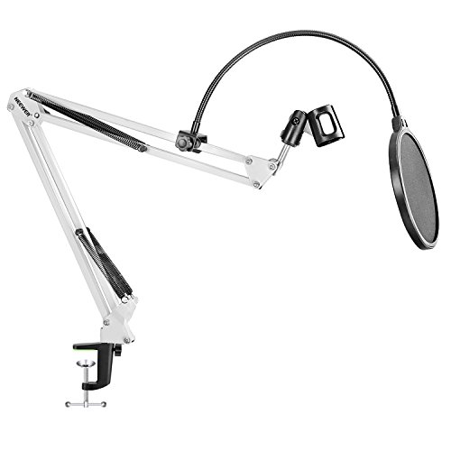 Neewer Stand Asta Sospensione Braccio a Forbici da Tavolo con Supporto Clip per Microfono Serratura da Tavolo e Filtro Pop per Trasmissioni, Canto, Registrazioni (Bianco)