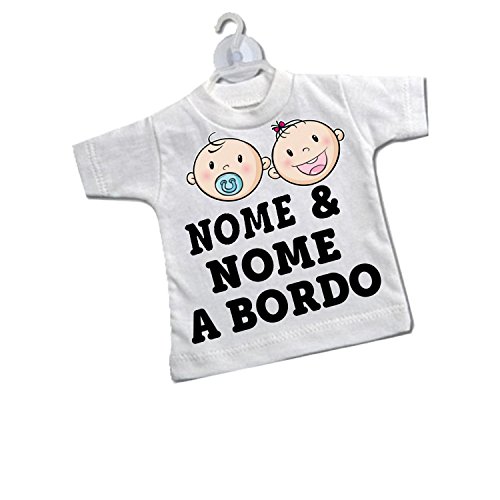 Mini T-shirt magliettina bianca auto macchina ventosa gruccia bimbo bimba a bordo personalizzata nome fratelli sorelle gemelli bebè