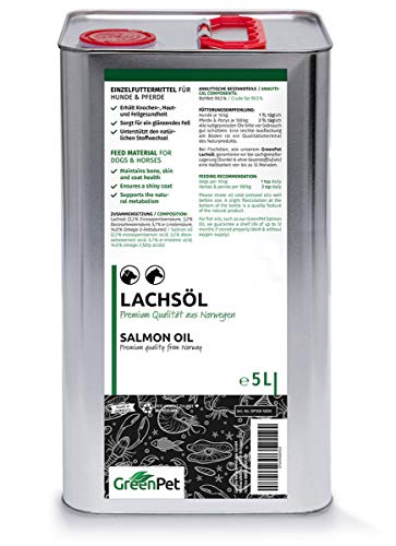 GreenPet Olio di Pesce 5L, Omega-3 Olio naturale di salmone per Cani e Gatti e Cavalli, Naturale ed Effiface
