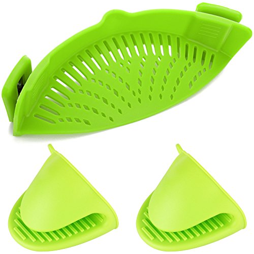 YuCool, colino in silicone con clip resistente al calore, per avere entrambe le mani libere; si adatta a pentole, zuppiere, padelle, include i guanti abbinati, colore verde