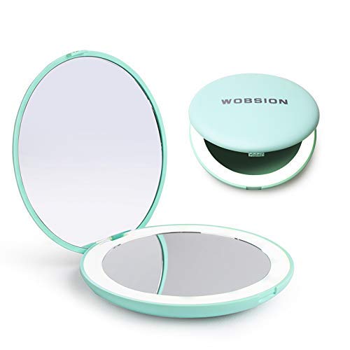 Wobsion Mini LED Pocket Mirror Specchio cosmetico piccolo, specchio a mano con luce, specchio cosmetico da viaggio da viaggio, specchio per il trucco da 3,5 pollici,no distorsioni, regali, ciano