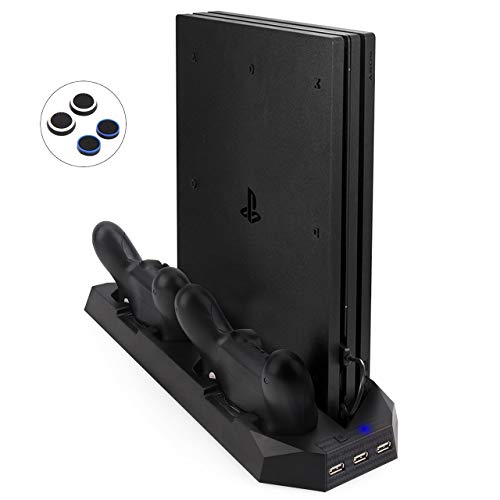 Base PS4 Slim / PS4 Pro, Aggiornato FlexDin Ventola di Raffreddamento per PlayStation 4 Slim / Pro, Supporto Verticale con Doppia Stazione Ricarica PS4 Controller e 3 porte USB Hub per PS4 Slim e Pro