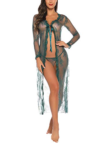 Sykooria Babydoll Lingerie Sexy Donna Kimono Lungo Trasparente Pizzo+G-String