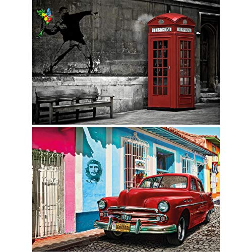 GREAT ART Set di 2 Poster XXL – Banksy Graffiti & Havana Illustrazione – Lanciatore di Fiori Oldtimer Che Guevara Urban Street Art Wall Picture Photo Wall Decoration (140 x 100cm)