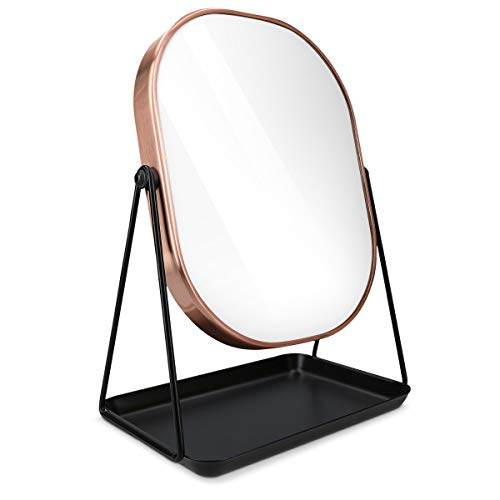 Navaris Specchio per Trucco da Tavolo con Portagioielli - Specchietto Cosmetico Ovale Make-Up 18x22,6cm - Girevole 360° con Portagioie - Design Rame
