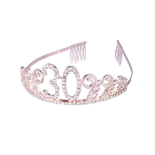 Frcolor Corona per Compleanno 30 Anni Cerchietto Diadema Principessa Donna Tiara Strass Cristallo con Pettine (Oro Rosa)