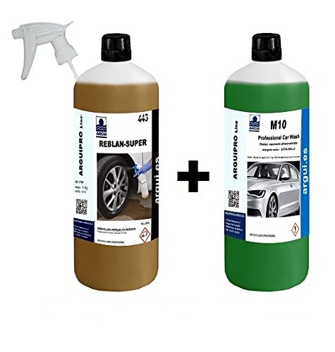Arguipro Line - Pulitore professionale per i cerchi dell’auto, senza acido, concentrato, senza strofinare Reblan Super 1 l + M10 Professional Car Wash