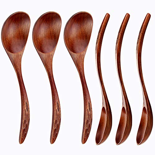 YFWOOD Cucchiaio Legno Set di 6 Cucchiai da Zuppa in Naturale Stile Giapponese, Utensile da Cucina per caffè, Miele Manico Corto Bambini Riso Dessert Cucchiaio da Cucina per la Cena Set di stoviglie