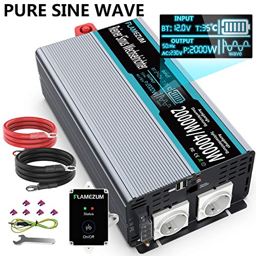 Inverter 12v 220v Onda Pura 2000w Invertitore di Potenza 12v 220v/ 230 Trasformatore di Tensione con Display LCD Intelligente - 2 EU Presa - 2 Uscita USB - 4.5 Metri di Telecomando