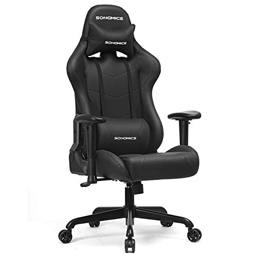 SONGMICS Sedia Gaming capacità 150 kg, Sedia Girevole da Ufficio con Cuscino Lombare, Schienale Alto e Sedile Ampio, Altezza Regolabile,Ergonomica, Pelle Sintetica, Nero RCG42BK