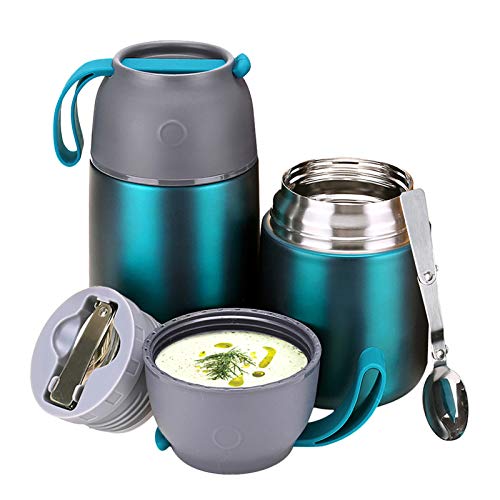 YGJT Contenitore Termico per Alimenti, Barattolo per Alimenti sottovuoto di Acciaio Inossidabile 500ml+700ml con Un Cucchiaio Pieghevole per Zuppa/Porridge,/Riso/Frutta/Brodo (Verde)