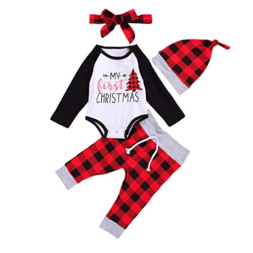 Completino Neonato Unisex per Natale 4 Pezzi Pagliaccetto Maniche Lunghe Stampato di Lettere + Pantaloni a Plaid Rosso + Cappello + Fascia Christmas Vestito 0-18 Mesi (Bianco, 18-24 Mesi)