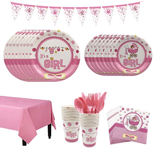 Amycute 66 Pezzi Stoviglie per Baby Shower Gender Reveal Festa, It's A Girl Piatti, Tazza, Tovaglioli, Tovaglia, Banner, Forchette, Coltelli e Cucchiai per Il Compleanno delle Bambina Ragazze