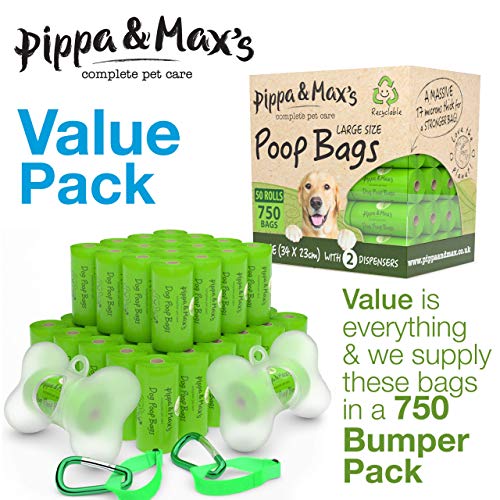 Pippa & Max Sacchetti riciclabili per bisogni dei Cani x750, 50 Rotoli, biodegradabili - Sacchetti da Passeggio per Cani Extra Forti, Grandi, con 2X Dispenser/distributori e Clip