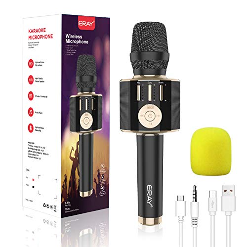 ERAY Microfono Karaoke Bluetooth, Karaoke Microfono Wireless 5 IN 1 Supporta la Scheda TF e la Chiavetta USB/1800mAh/3.5mm AUX/Compatibile con Android/iOS, PC e Smartphone, Microfono Wireless Nero