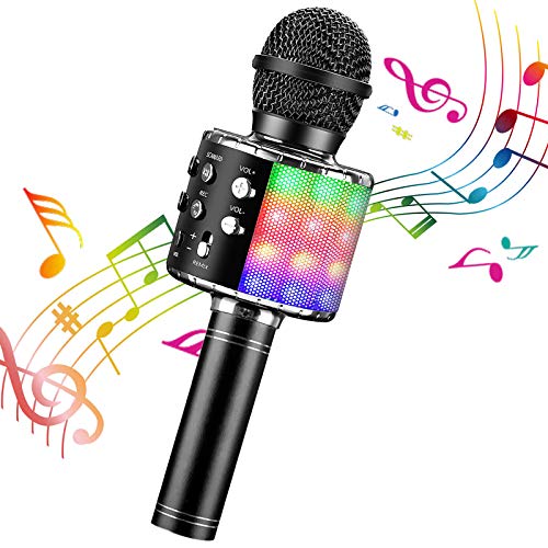 ShinePick Microfono Karaoke, 4 in 1 Bluetooth Wireless LED Flash Microfono Portatile Karaoke Player con Altoparlante per Android/iOS, PC e Smartphone(Nero)