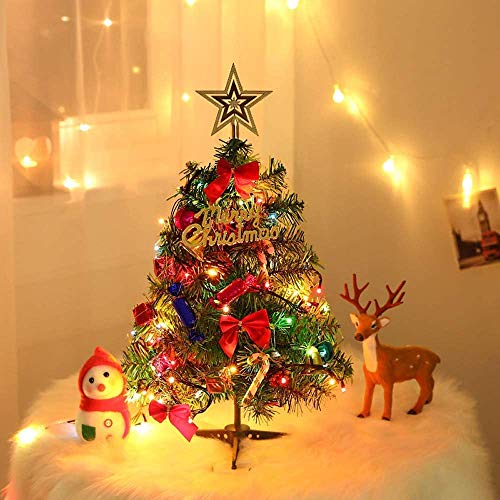 Albero di Natale da Tavolo da 60 cm, Mini Albero di Pino di Natale Artificiale con luci e Ornamenti a LED