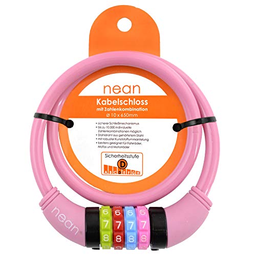 Nean, cavo spiralato con lucchetto per la bicicletta dei bambini, serratura a combinazione numerica, colorato, 10 x 650 mm, 88089, Rosa, 65 cm