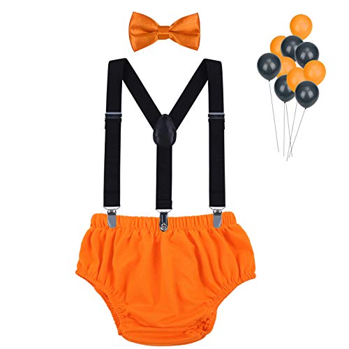 WELROG Ragazzi Vestito Smash Cake - Bretelle a Y regolabili/Bretelle e Papillon (Arancio + Nero + Arancione)