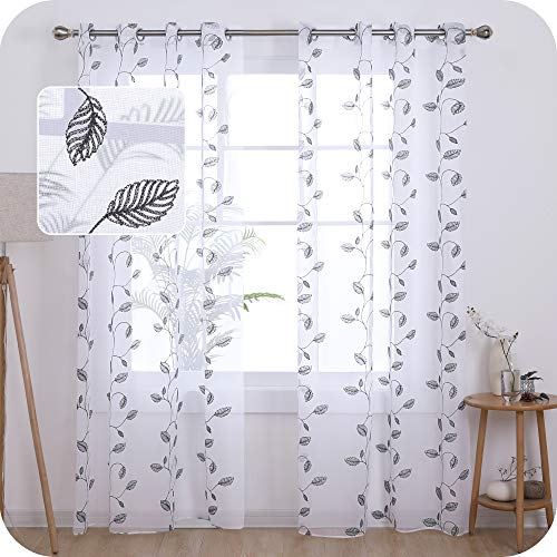 UMI. by Amazon Tende Trasparenti in Voile Foglia Ricamata per Camera da Letto Moderne con Occhielli 140x260cm Grigio 2 Pannelli