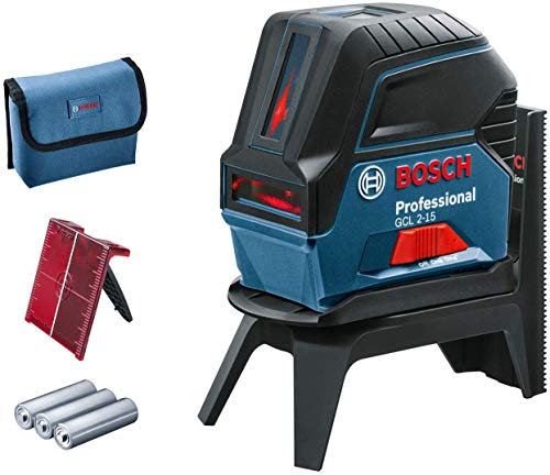 Bosch Professional GCL 2-15 Livella Laser Multifunzione, Punti A Piombo, Raggio D’Azione 15 m, 3 Pile AA, in Una Scatola,1.5 V, Supporto Ruotabile RM1, Pannello di Mira, Rosso, d’Azione