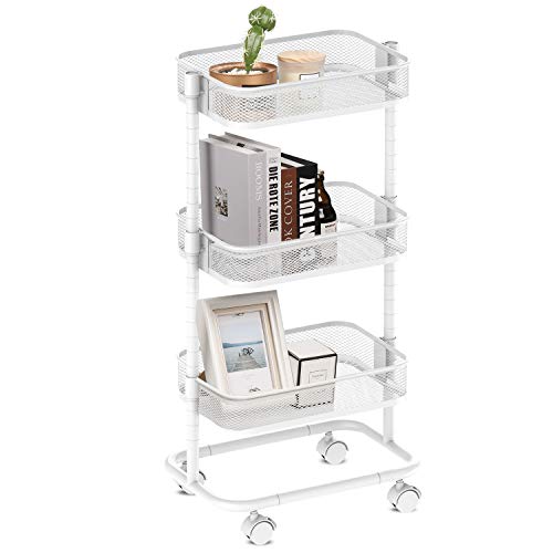 alvorog Carrello Cucina in Metallo, Carrello Portaoggetti con 3 Cesti di Filo Metallico, Altezza Regolabile, Assemblaggio Senza Viti, Scaffale con Ruote, per Cucina, Bagno e Studio - Bianco