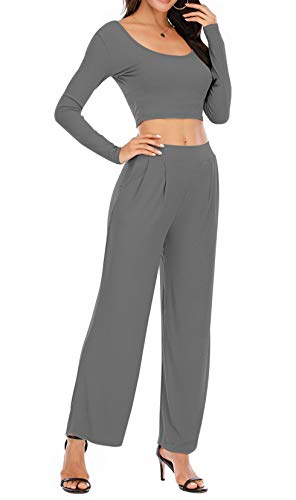 Completo da Donna Casual Slim per Yoga Ginnastica Indumenti da Casa 2 Pezzi Top a Maniche Lunghe Pantaloni Lunghi Sciolti in Tinta Unita (Grigio, L)