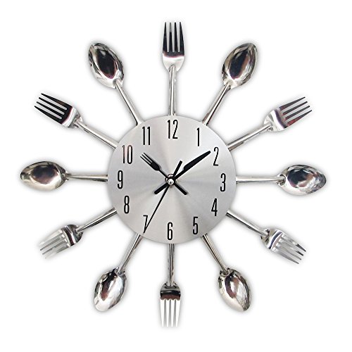TimeLike - Orologio adesivo 3D da cucina, effetto specchiato, con motivo forchette e cucchiai, rimovibile, da arredamento 32*32*4CM argento