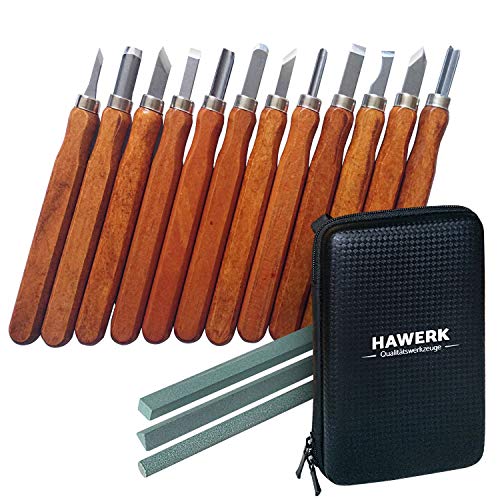 Kit Intaglio Legno Professionale e Principianti I 12 pezzi + 3 Pietre Coti + Custodia I di Hawerk