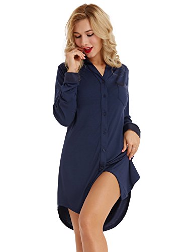 Zexxxy Camicia da Notte in Cotone da Donna Bottone Giù Stile Fidanzato Superiore Taglia L Blu
