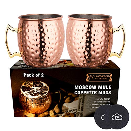 LIVEHITOP Moscow Mule Bicchieri Rame Tazze Set of 2, 530ml Rame Moscow Mules Tazze Accessori da Cocktail, Festa, Bar, con Coaster (Pack of 2)