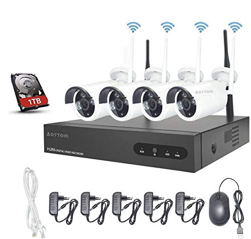 Kit Videosorveglianza WiFi Aottom1080P 8CH NVR +4PCS Telecamere Wifi, Kit Telecamere di Sorveglianza WiFi, Sistema Videosorveglianza WiFi, Visione Notturna, Motion Detection, P2P, incluso 1 TB HDD