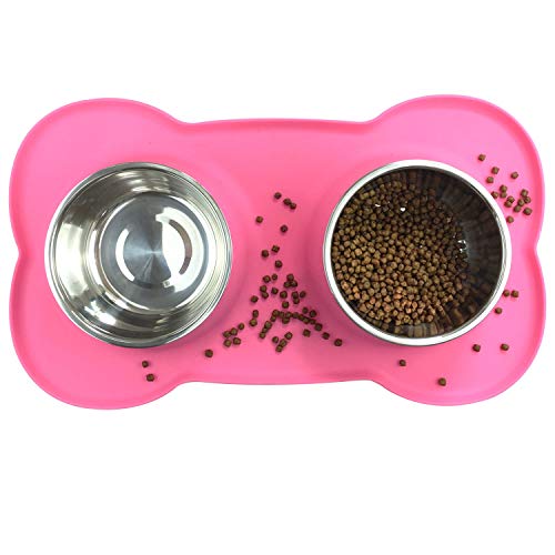 Ciotole per cani e gatti in acciaio inossidabile 2x850ml, 2 ciotole per mangiatoie per animali domestici con base in tappetino silicone antiscivolo,Assicurazione,Durevole (rosa)