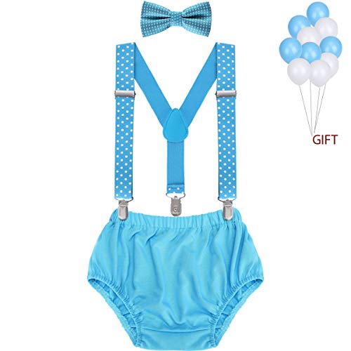 WELROG Ragazzi Vestito Smash Cake - Bretelle a Y regolabili/Bretelle e Papillon (Punto d'onda azzurro + azzurro)