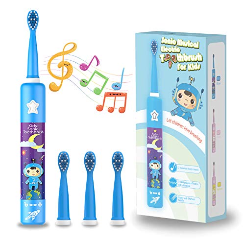 Spazzolino Elettrico Musicale per Bambini, Spazzolino Intelligente Ricaricabile per Bambini da 3 a 12 Anni Con Timer di 2 Minuti, 3 Modalità, 4 Testine (Blu)