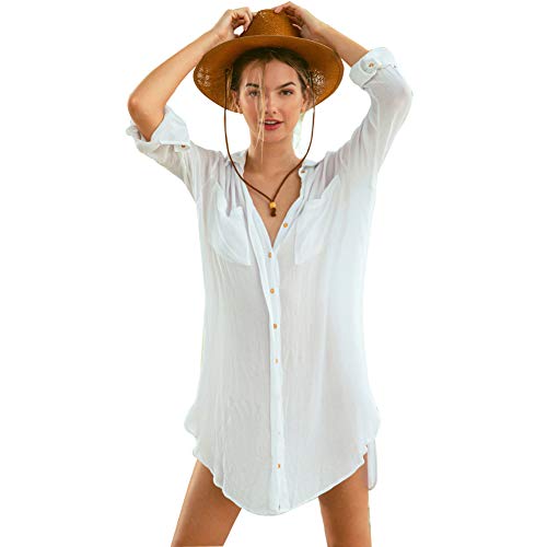 LATH.PIN Copricostumi da Bagno Camicetta Bianco Donna Bikini Cover Up Tshirt Elegante Abito da Bagno Chiffon Costume Mare Spiaggia Estate (White)