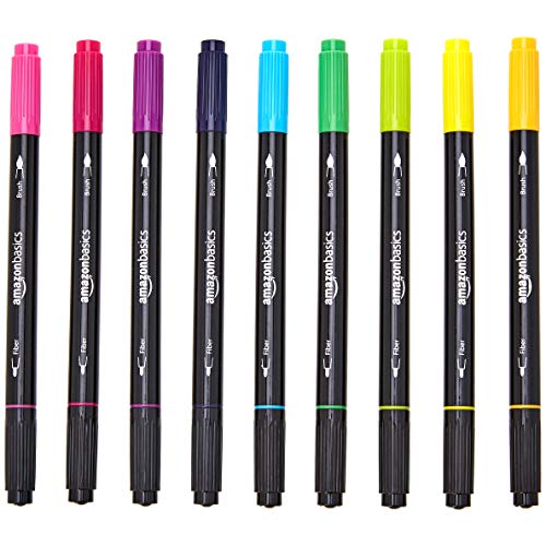AmazonBasics - Penne a pennello per calligrafia, a doppia punta - 9 colori Vivaci