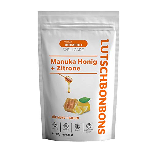 Purao Biomedi+ 34 Caramelle - Gocce di Manuka al limone con Miele di Manuka attivo - per bocca e gola - confezionate singolarmente in un sacchetto richiudibile da 200g - dalla Nuova Zelanda