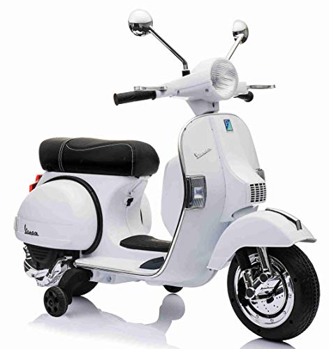 LAMAS TOYS Moto Scooter Elettrico per Bambini Ufficiale Piaggio Vespa PX 150 12V con Rotelle Sella in Pelle Nero/Beige Crema (Bianco)