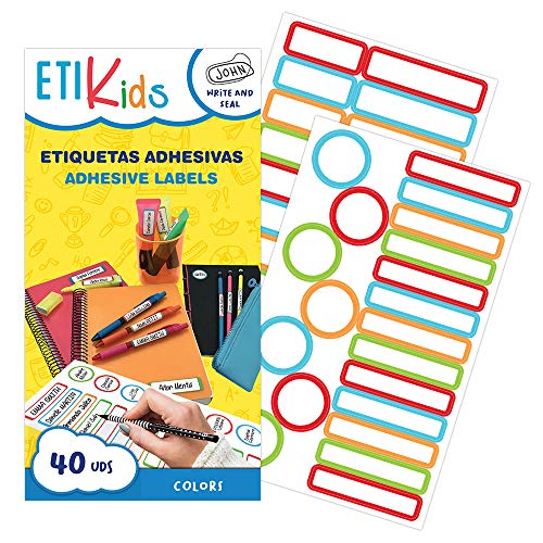 ETIKids 40 Etichette adesive multiuso con lamina protettiva, in 4 formati diversi. (COLOR) Ideali per matite, pennarelli e tutto il materiale scolastico.