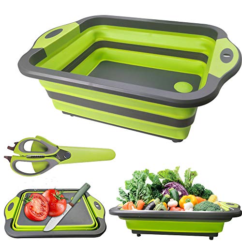 Gintan Tagliere Pieghevole,3 in 1 Tagliere da Cucina Cestello di Scarico Lavello Pieghevole con Colino e Multifunzione Forbici Cestino Portaoggetti per Cucina Viaggi Campeggio（Verde）